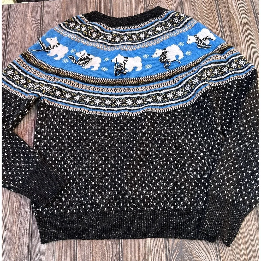 Holiday Time Fair Isle Metallic Polar Bear Granny Ugly Christmas Party Sweater S